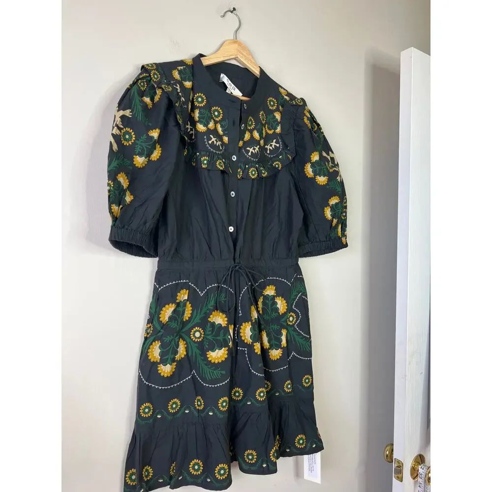 NWT Sea New York Perle Print Puff Sleeve Ruffled Cotton Black Mini Dress - Picture 3 of 9